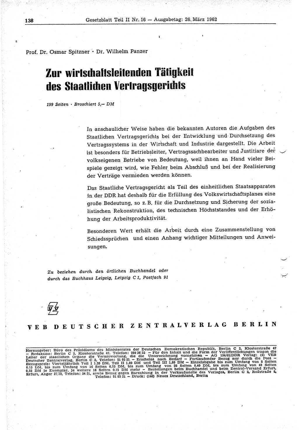 Gesetzblatt (GBl.) der Deutschen Demokratischen Republik (DDR) Teil â… â… 1962, Seite 138 (GBl. DDR â… â… 1962, S. 138)