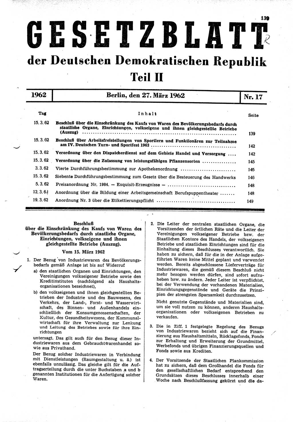 Gesetzblatt (GBl.) der Deutschen Demokratischen Republik (DDR) Teil ⅠⅠ 1962, Seite 139 (GBl. DDR ⅠⅠ 1962, S. 139)