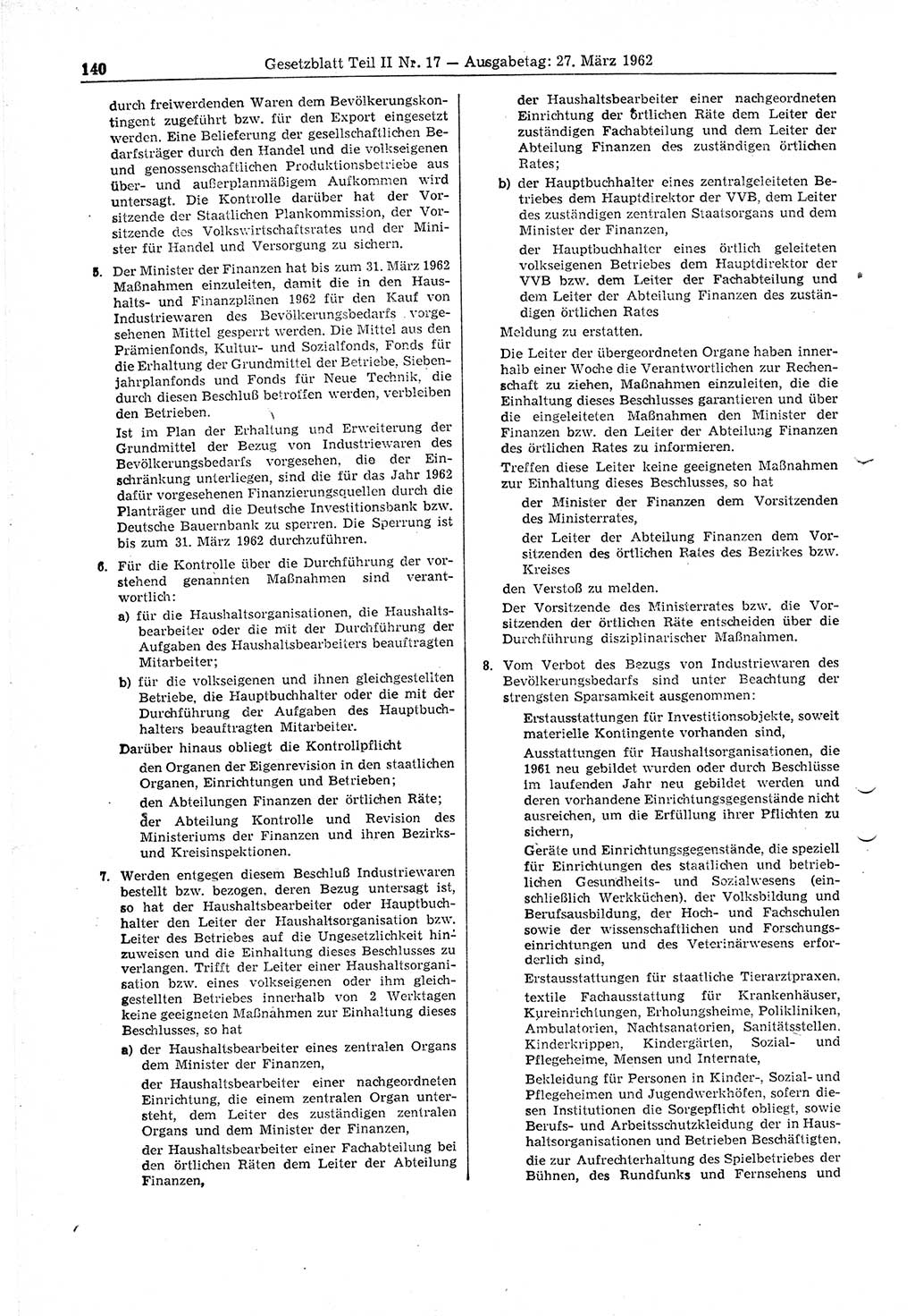 Gesetzblatt (GBl.) der Deutschen Demokratischen Republik (DDR) Teil ⅠⅠ 1962, Seite 140 (GBl. DDR ⅠⅠ 1962, S. 140)