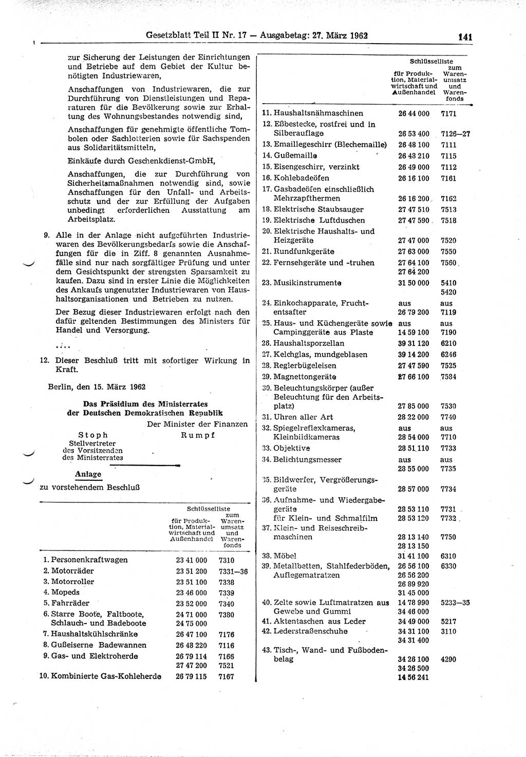 Gesetzblatt (GBl.) der Deutschen Demokratischen Republik (DDR) Teil ⅠⅠ 1962, Seite 141 (GBl. DDR ⅠⅠ 1962, S. 141)