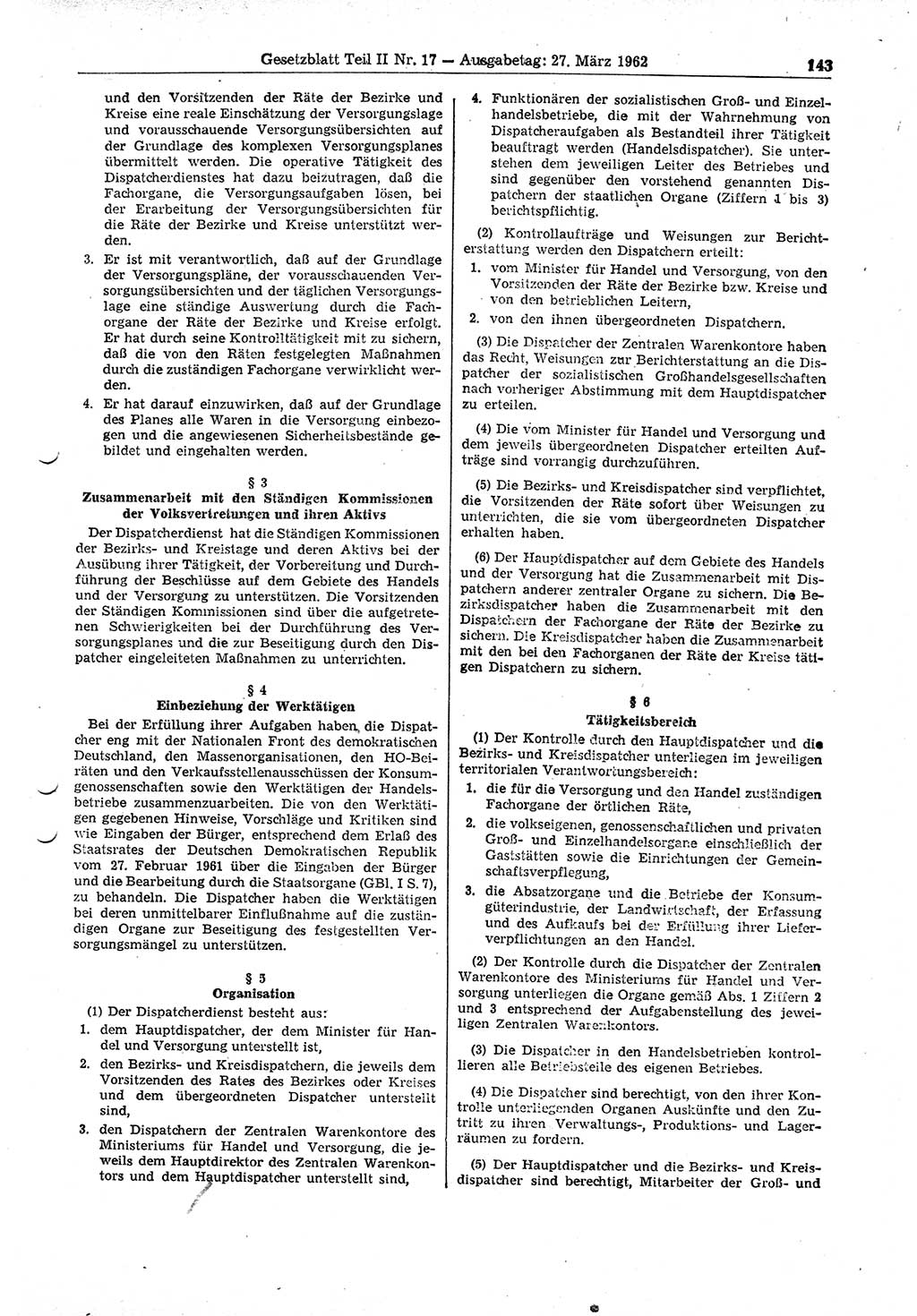 Gesetzblatt (GBl.) der Deutschen Demokratischen Republik (DDR) Teil ⅠⅠ 1962, Seite 143 (GBl. DDR ⅠⅠ 1962, S. 143)