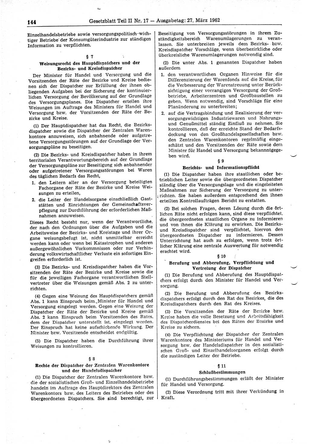 Gesetzblatt (GBl.) der Deutschen Demokratischen Republik (DDR) Teil ⅠⅠ 1962, Seite 144 (GBl. DDR ⅠⅠ 1962, S. 144)