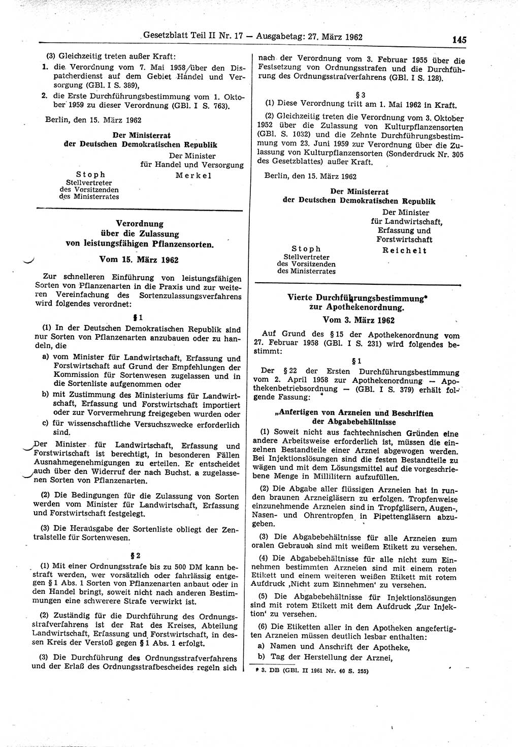 Gesetzblatt (GBl.) der Deutschen Demokratischen Republik (DDR) Teil ⅠⅠ 1962, Seite 145 (GBl. DDR ⅠⅠ 1962, S. 145)