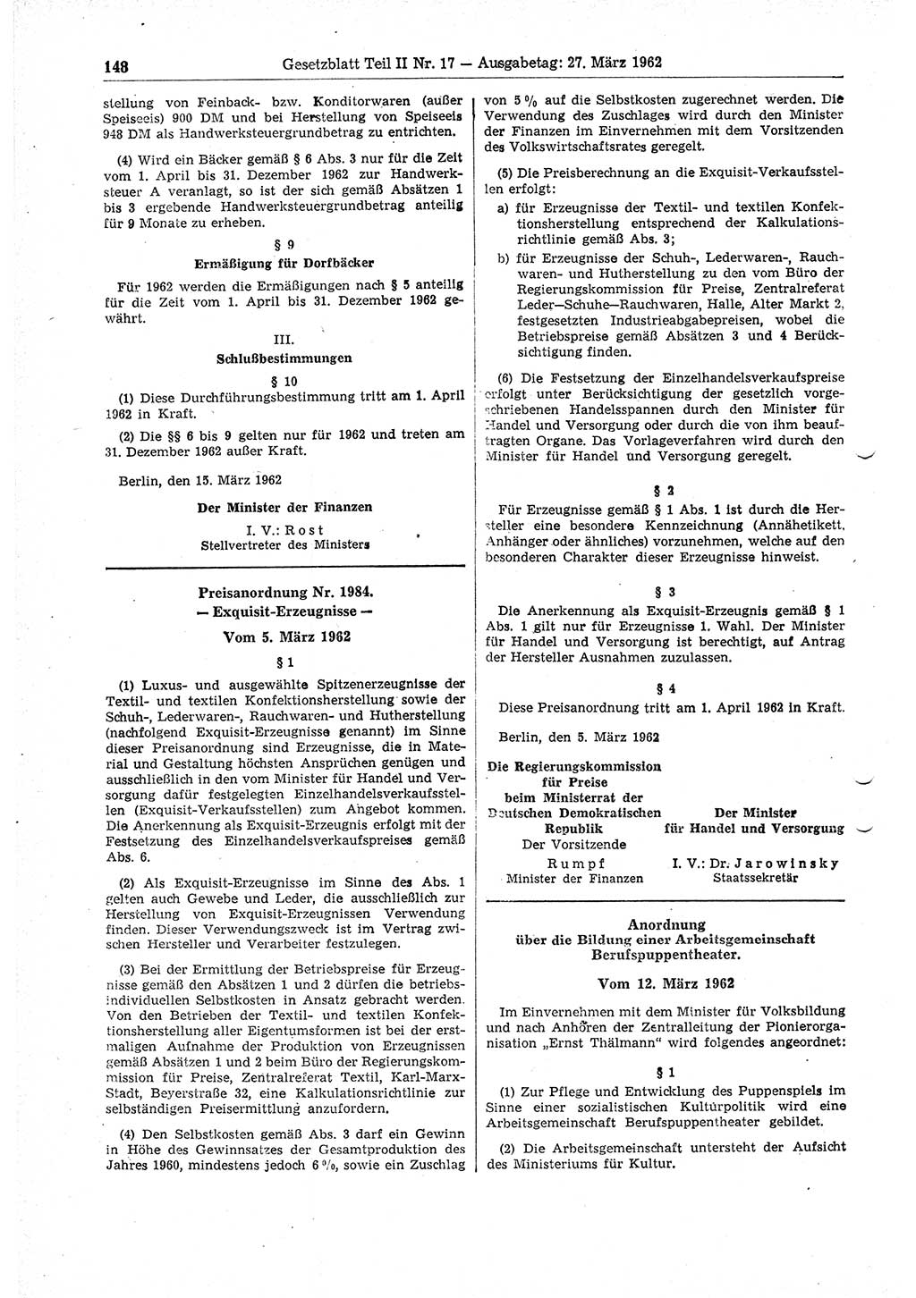 Gesetzblatt (GBl.) der Deutschen Demokratischen Republik (DDR) Teil ⅠⅠ 1962, Seite 148 (GBl. DDR ⅠⅠ 1962, S. 148)