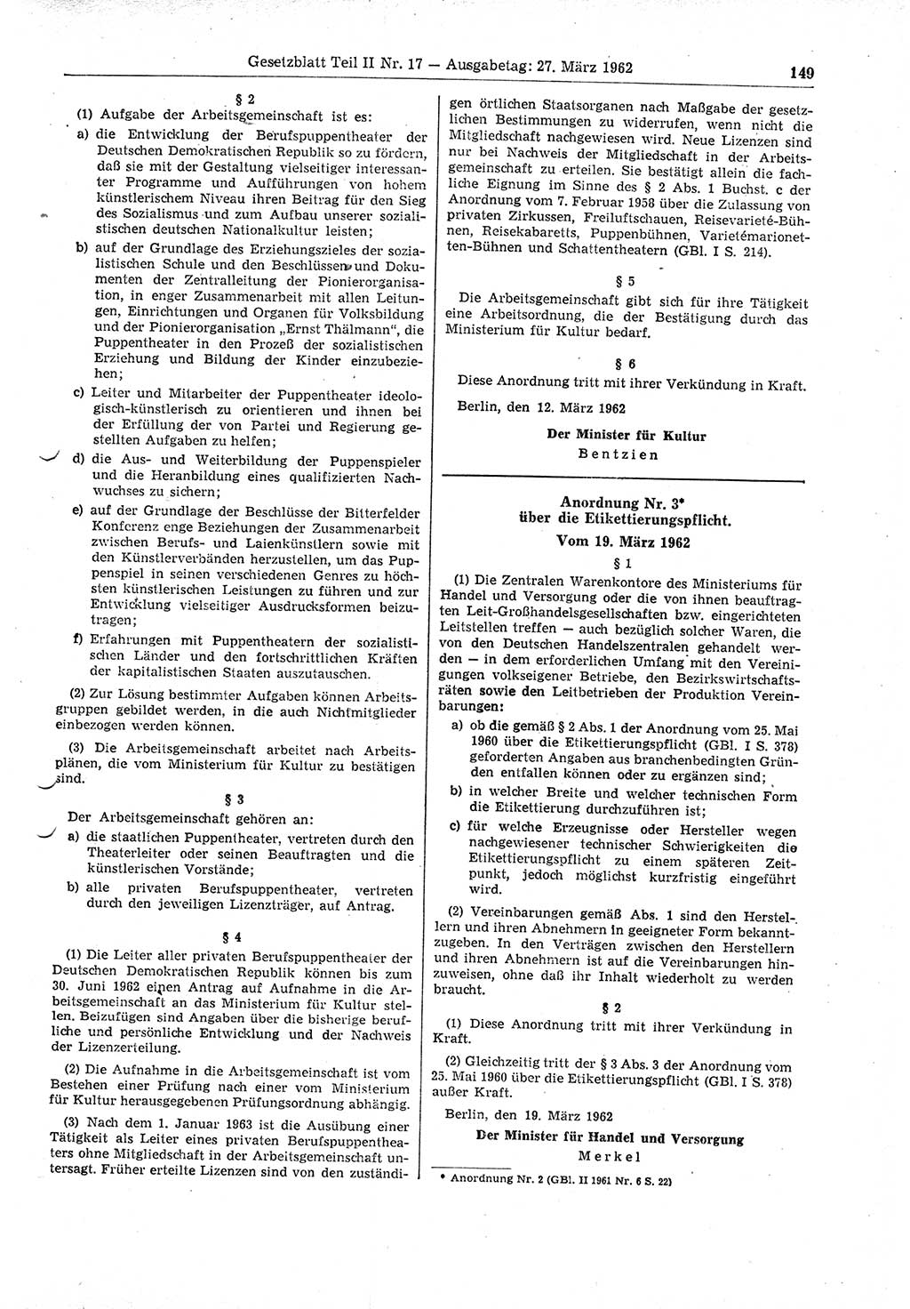 Gesetzblatt (GBl.) der Deutschen Demokratischen Republik (DDR) Teil ⅠⅠ 1962, Seite 149 (GBl. DDR ⅠⅠ 1962, S. 149)