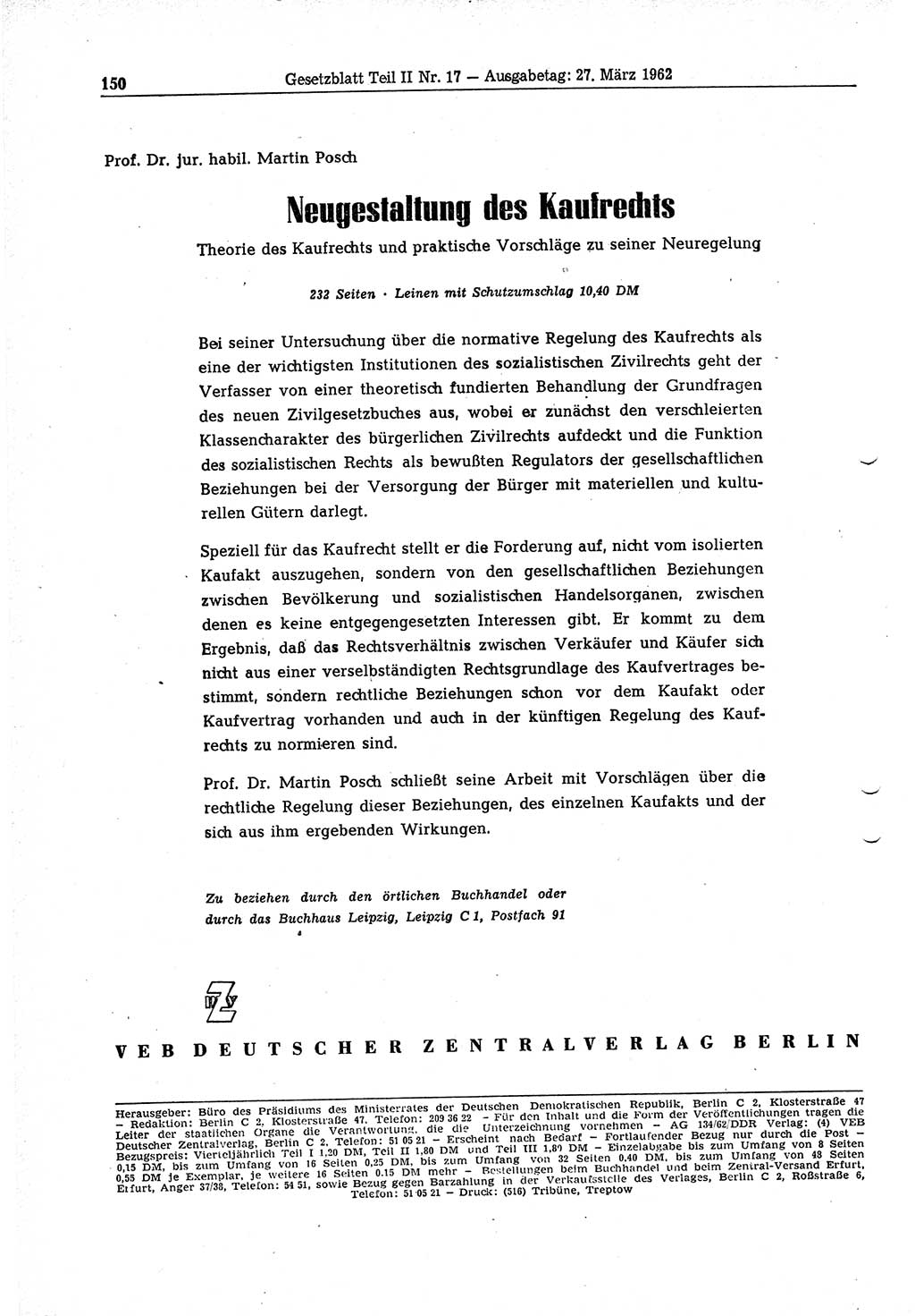 Gesetzblatt (GBl.) der Deutschen Demokratischen Republik (DDR) Teil ⅠⅠ 1962, Seite 150 (GBl. DDR ⅠⅠ 1962, S. 150)