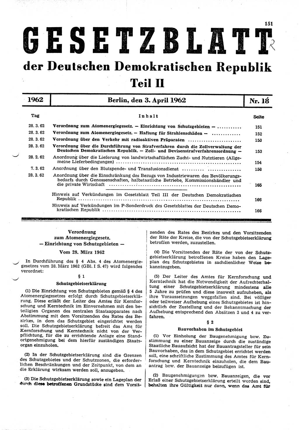 Gesetzblatt (GBl.) der Deutschen Demokratischen Republik (DDR) Teil ⅠⅠ 1962, Seite 151 (GBl. DDR ⅠⅠ 1962, S. 151)