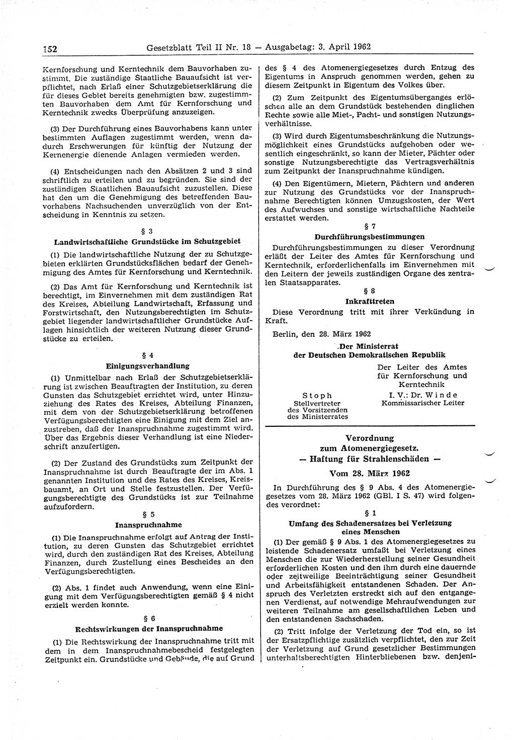 Gesetzblatt (GBl.) der Deutschen Demokratischen Republik (DDR) Teil ⅠⅠ 1962, Seite 152 (GBl. DDR ⅠⅠ 1962, S. 152)