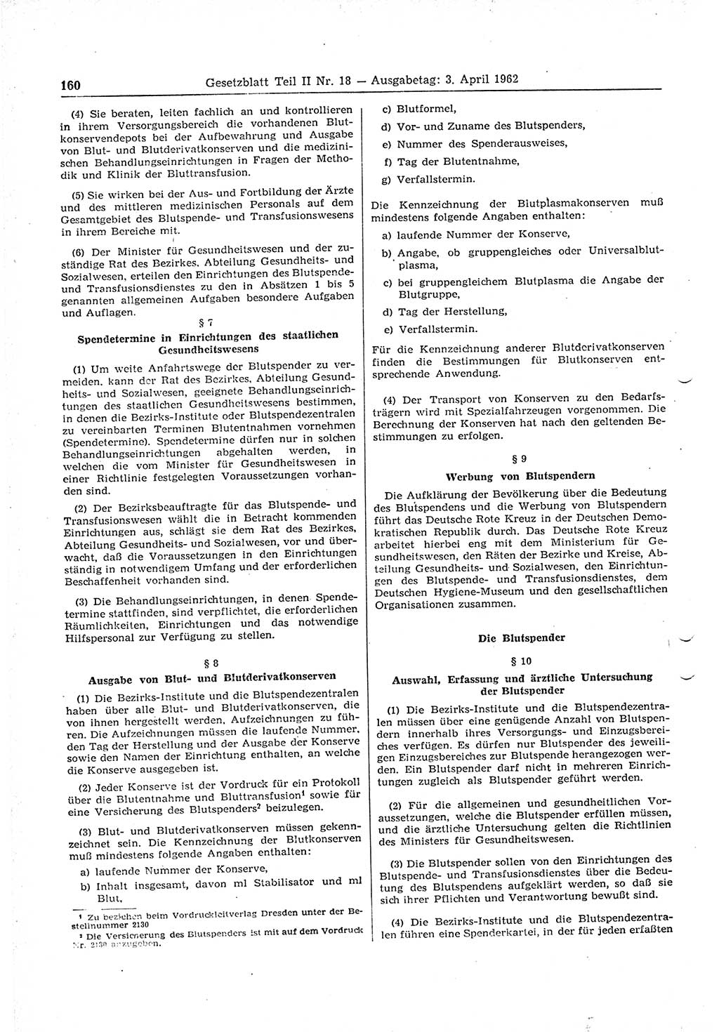 Gesetzblatt (GBl.) der Deutschen Demokratischen Republik (DDR) Teil ⅠⅠ 1962, Seite 160 (GBl. DDR ⅠⅠ 1962, S. 160)