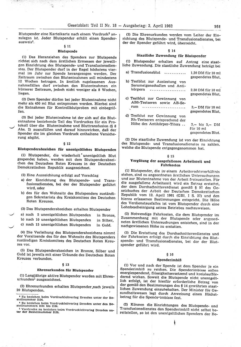 Gesetzblatt (GBl.) der Deutschen Demokratischen Republik (DDR) Teil ⅠⅠ 1962, Seite 161 (GBl. DDR ⅠⅠ 1962, S. 161)