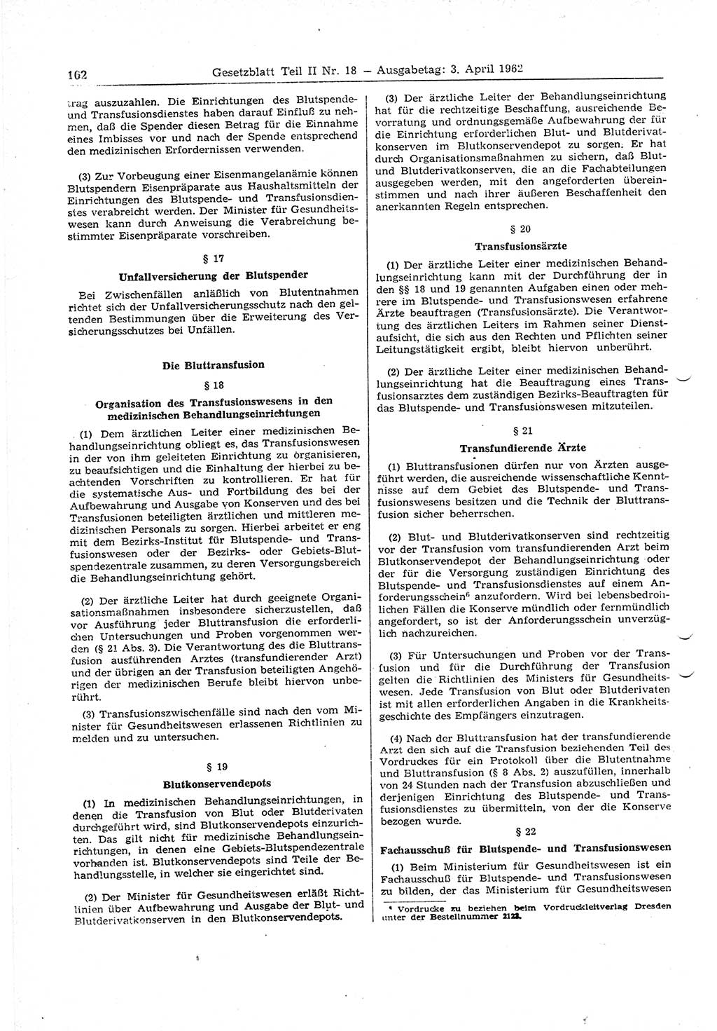 Gesetzblatt (GBl.) der Deutschen Demokratischen Republik (DDR) Teil ⅠⅠ 1962, Seite 162 (GBl. DDR ⅠⅠ 1962, S. 162)