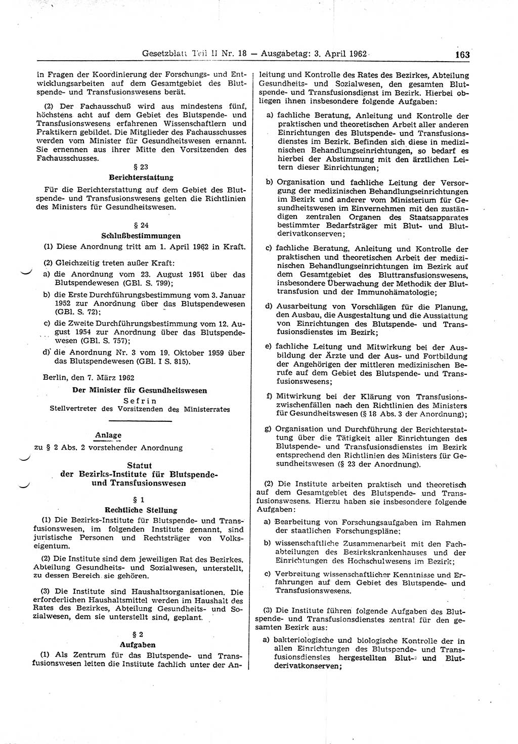 Gesetzblatt (GBl.) der Deutschen Demokratischen Republik (DDR) Teil ⅠⅠ 1962, Seite 163 (GBl. DDR ⅠⅠ 1962, S. 163)