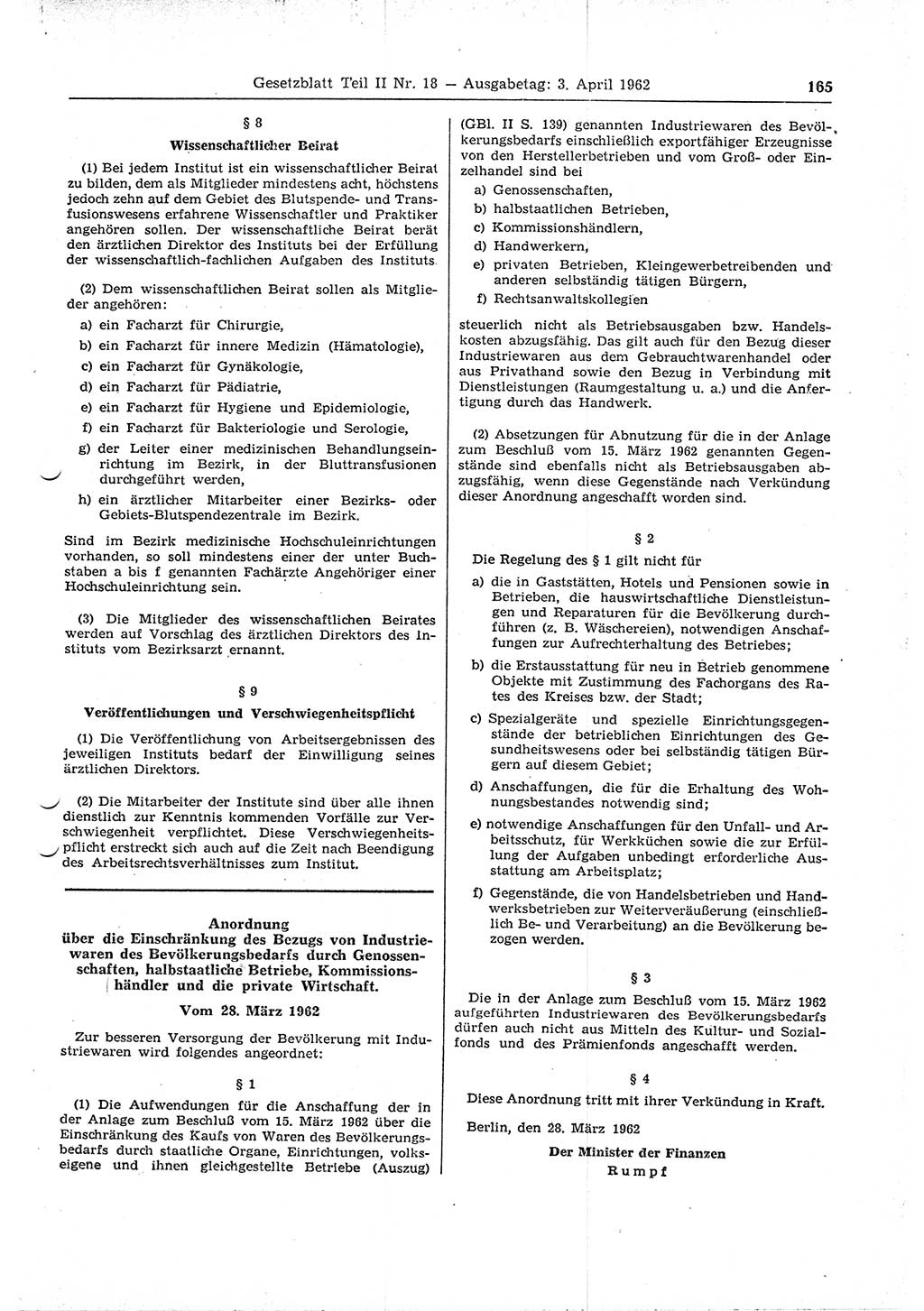 Gesetzblatt (GBl.) der Deutschen Demokratischen Republik (DDR) Teil ⅠⅠ 1962, Seite 165 (GBl. DDR ⅠⅠ 1962, S. 165)