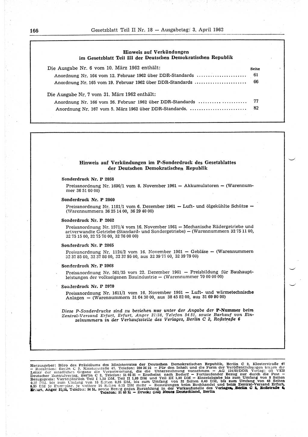Gesetzblatt (GBl.) der Deutschen Demokratischen Republik (DDR) Teil ⅠⅠ 1962, Seite 166 (GBl. DDR ⅠⅠ 1962, S. 166)