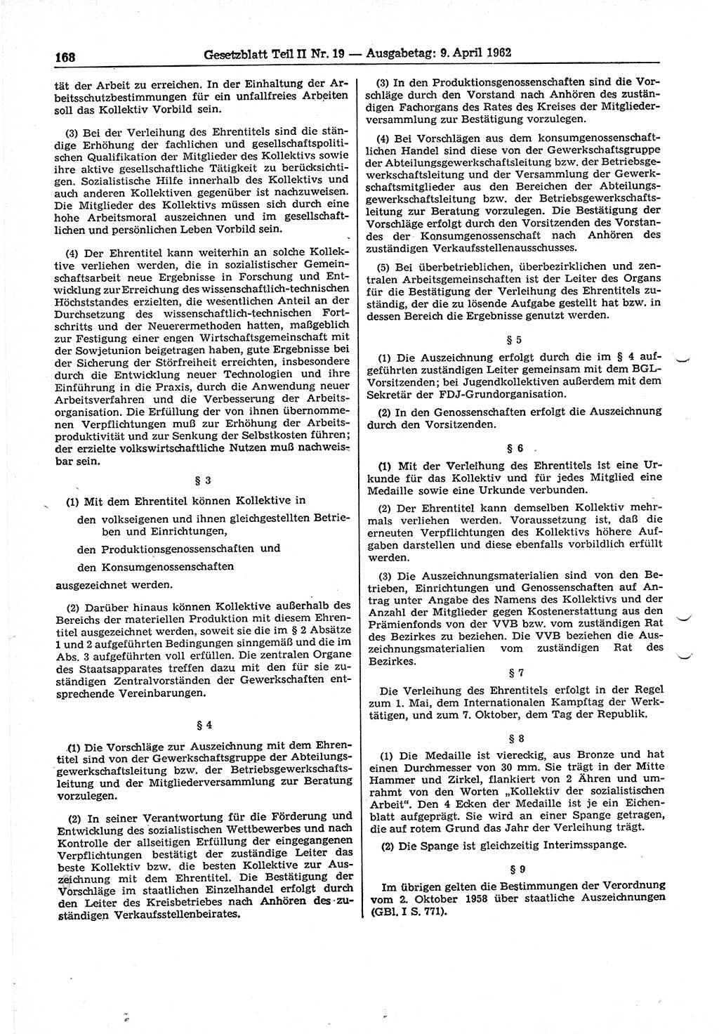 Gesetzblatt (GBl.) der Deutschen Demokratischen Republik (DDR) Teil ⅠⅠ 1962, Seite 168 (GBl. DDR ⅠⅠ 1962, S. 168)