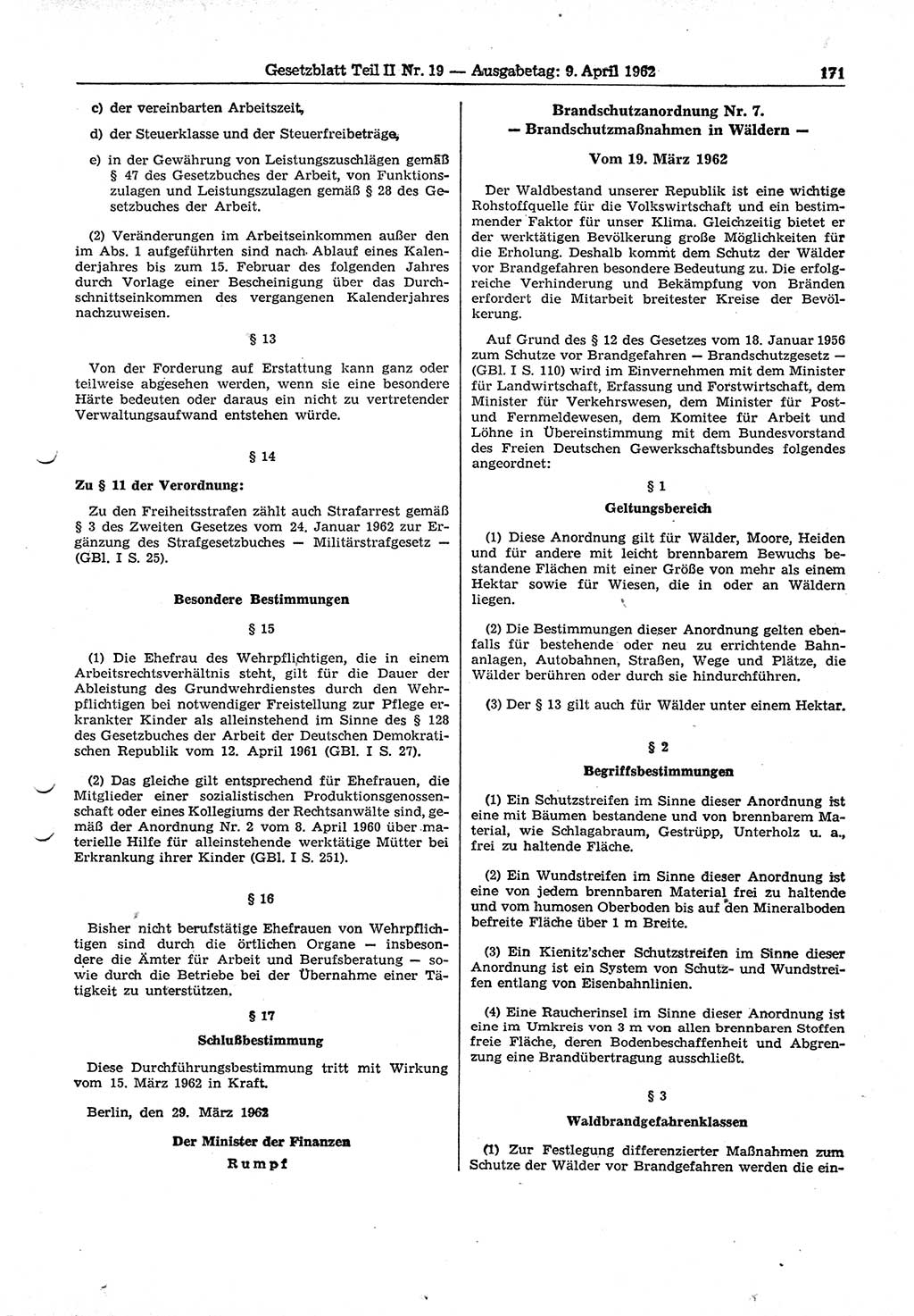 Gesetzblatt (GBl.) der Deutschen Demokratischen Republik (DDR) Teil ⅠⅠ 1962, Seite 171 (GBl. DDR ⅠⅠ 1962, S. 171)