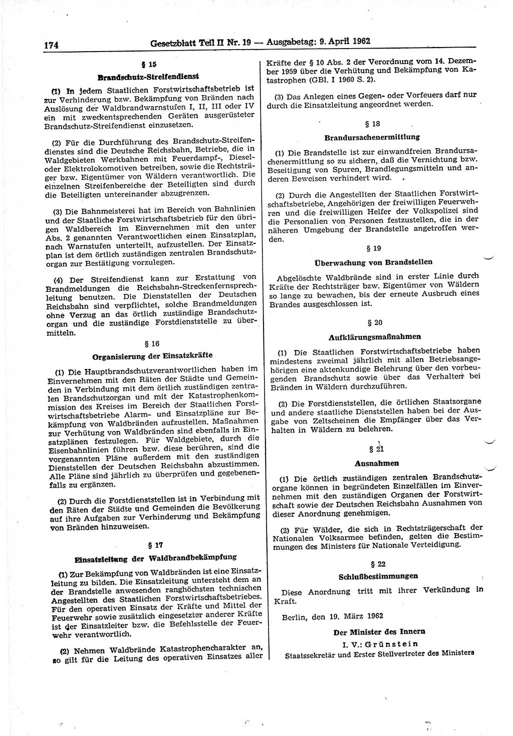 Gesetzblatt (GBl.) der Deutschen Demokratischen Republik (DDR) Teil ⅠⅠ 1962, Seite 174 (GBl. DDR ⅠⅠ 1962, S. 174)