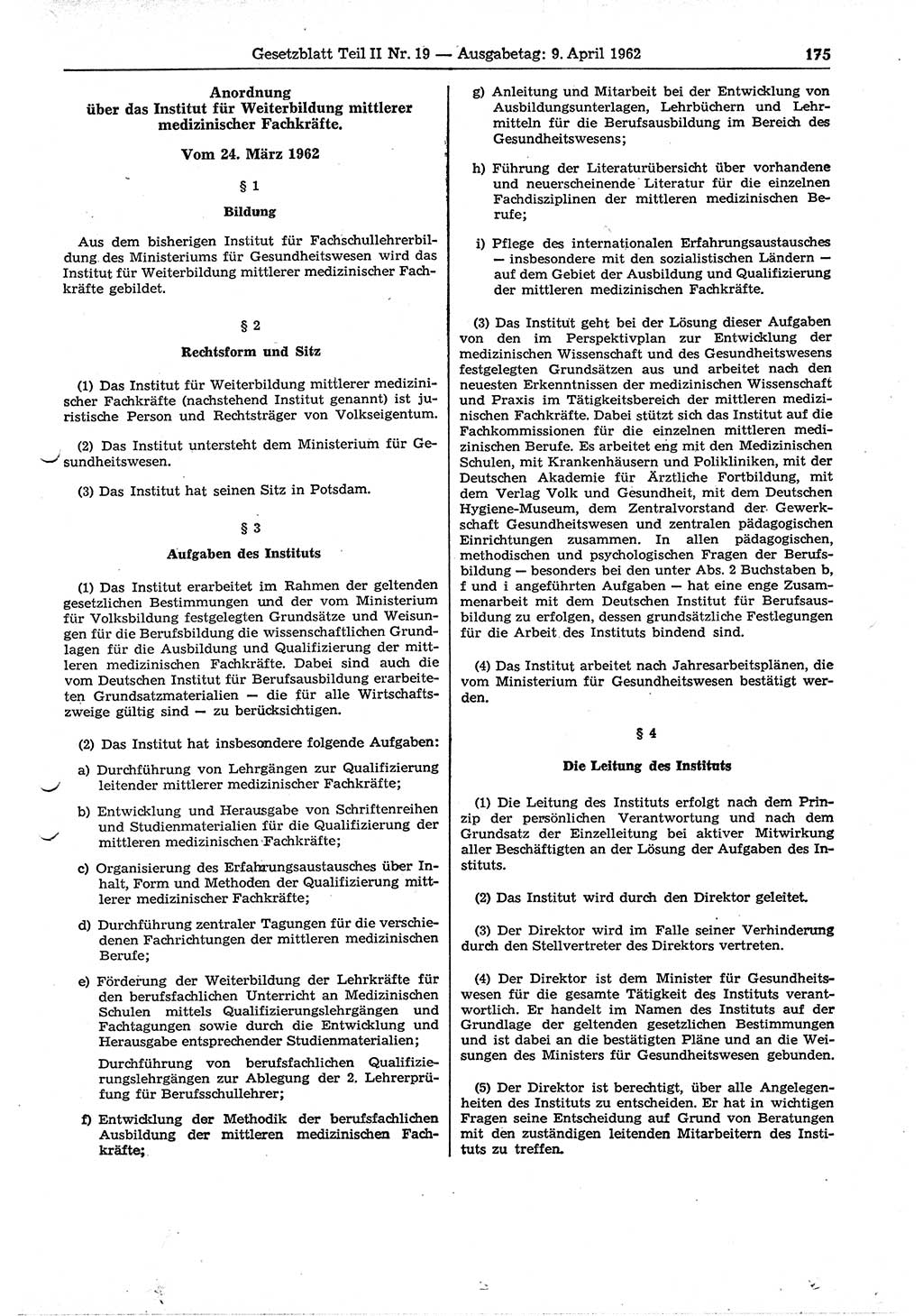 Gesetzblatt (GBl.) der Deutschen Demokratischen Republik (DDR) Teil ⅠⅠ 1962, Seite 175 (GBl. DDR ⅠⅠ 1962, S. 175)
