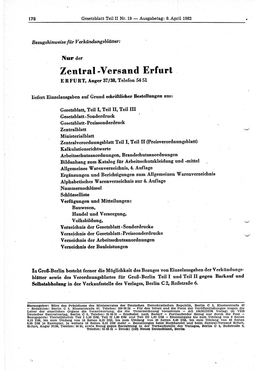 Gesetzblatt (GBl.) der Deutschen Demokratischen Republik (DDR) Teil ⅠⅠ 1962, Seite 178 (GBl. DDR ⅠⅠ 1962, S. 178)