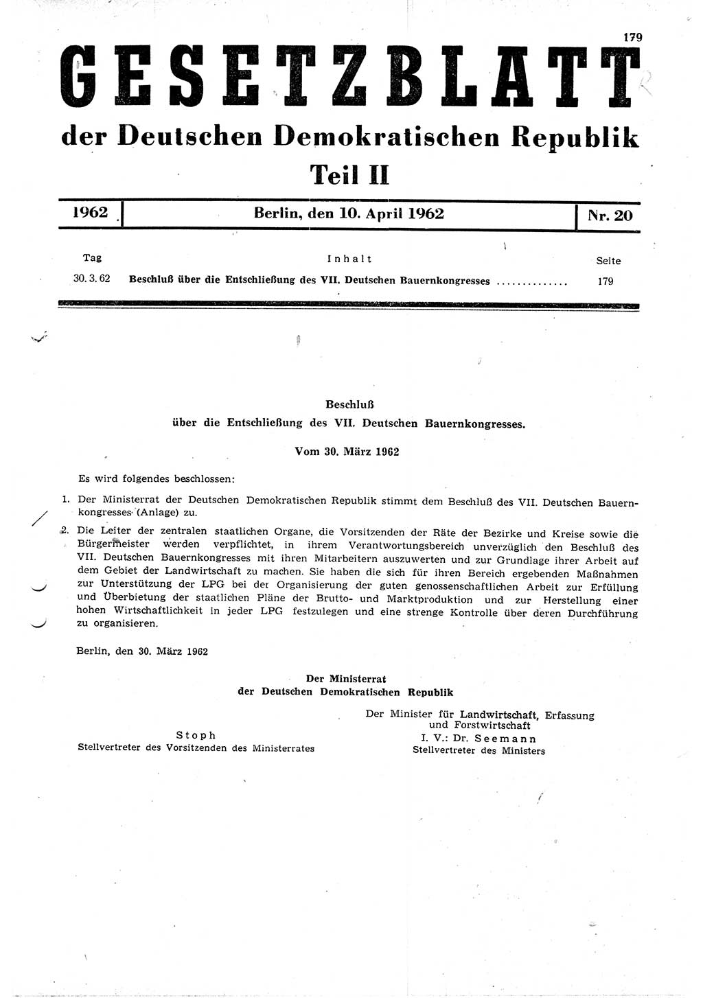 Gesetzblatt (GBl.) der Deutschen Demokratischen Republik (DDR) Teil ⅠⅠ 1962, Seite 179 (GBl. DDR ⅠⅠ 1962, S. 179)