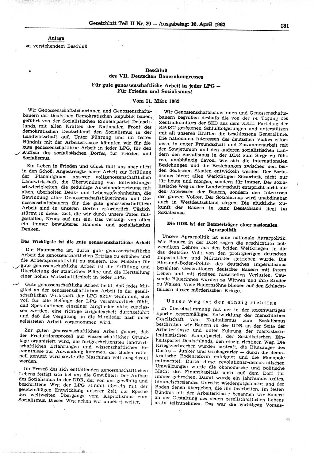 Gesetzblatt (GBl.) der Deutschen Demokratischen Republik (DDR) Teil ⅠⅠ 1962, Seite 181 (GBl. DDR ⅠⅠ 1962, S. 181)