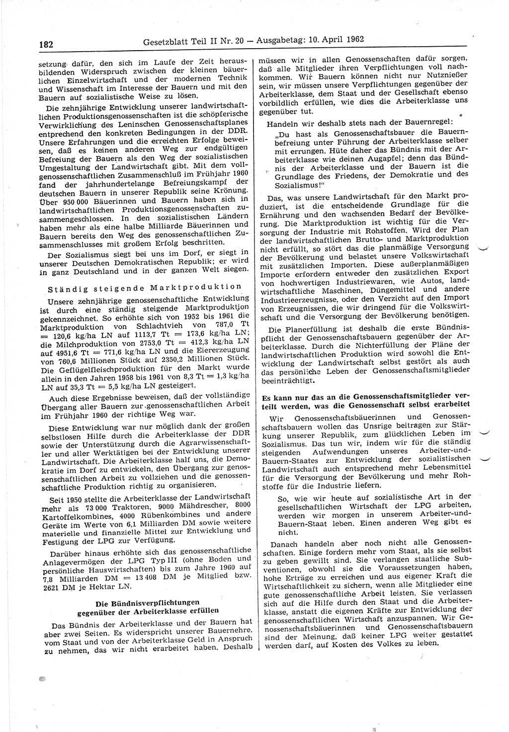 Gesetzblatt (GBl.) der Deutschen Demokratischen Republik (DDR) Teil ⅠⅠ 1962, Seite 182 (GBl. DDR ⅠⅠ 1962, S. 182)