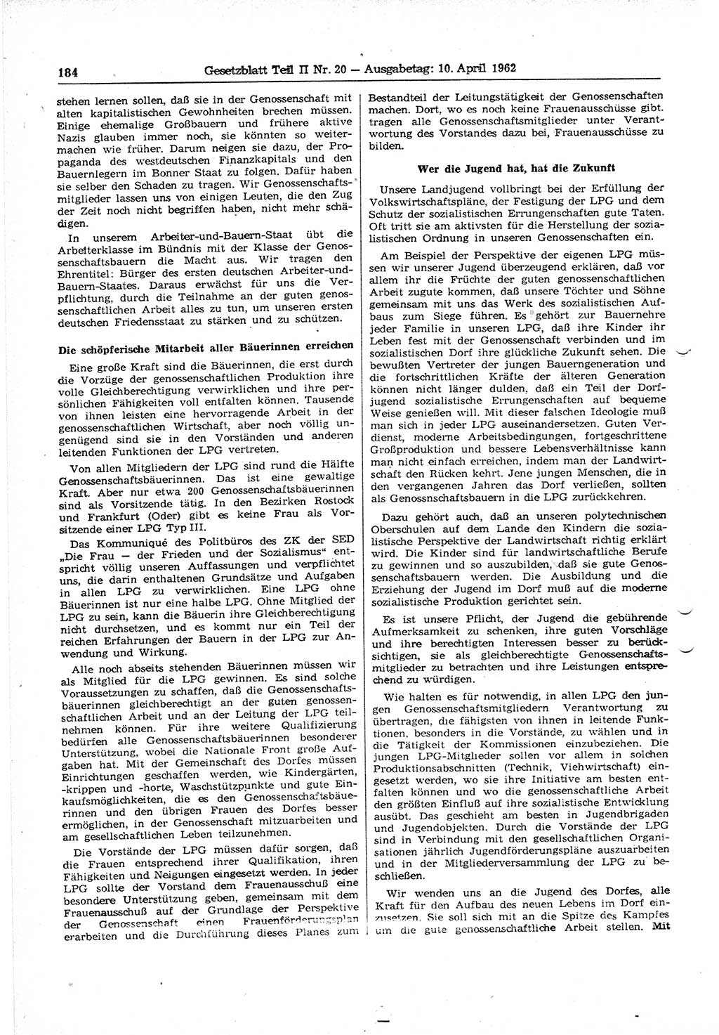 Gesetzblatt (GBl.) der Deutschen Demokratischen Republik (DDR) Teil ⅠⅠ 1962, Seite 184 (GBl. DDR ⅠⅠ 1962, S. 184)