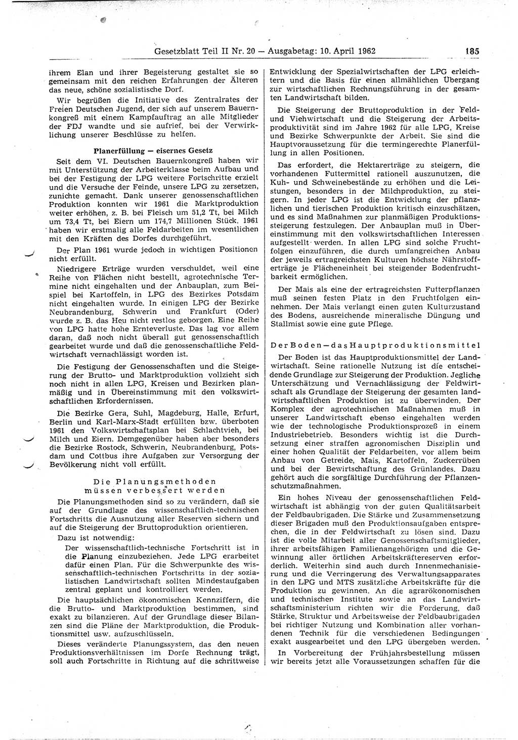 Gesetzblatt (GBl.) der Deutschen Demokratischen Republik (DDR) Teil ⅠⅠ 1962, Seite 185 (GBl. DDR ⅠⅠ 1962, S. 185)