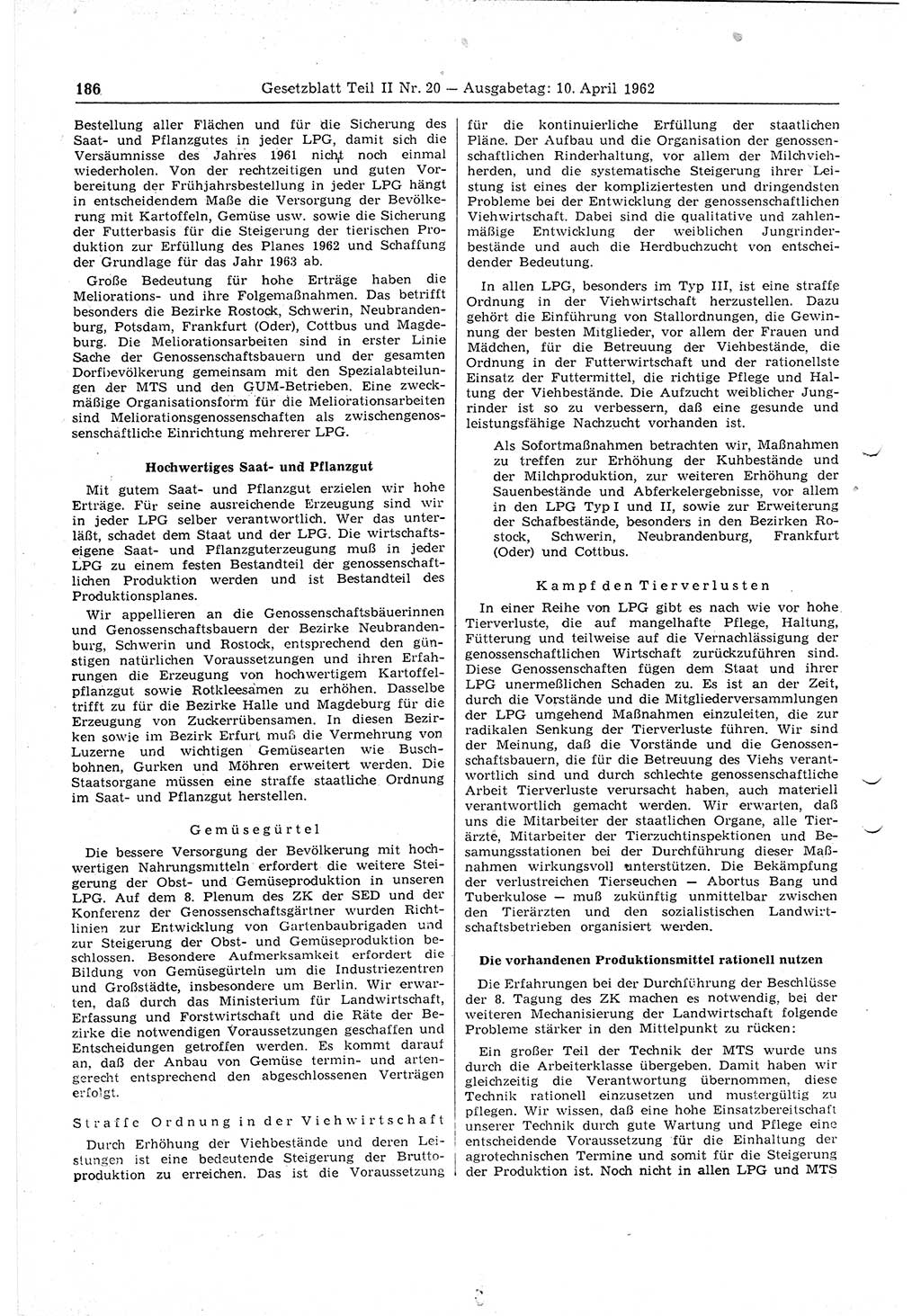 Gesetzblatt (GBl.) der Deutschen Demokratischen Republik (DDR) Teil ⅠⅠ 1962, Seite 186 (GBl. DDR ⅠⅠ 1962, S. 186)