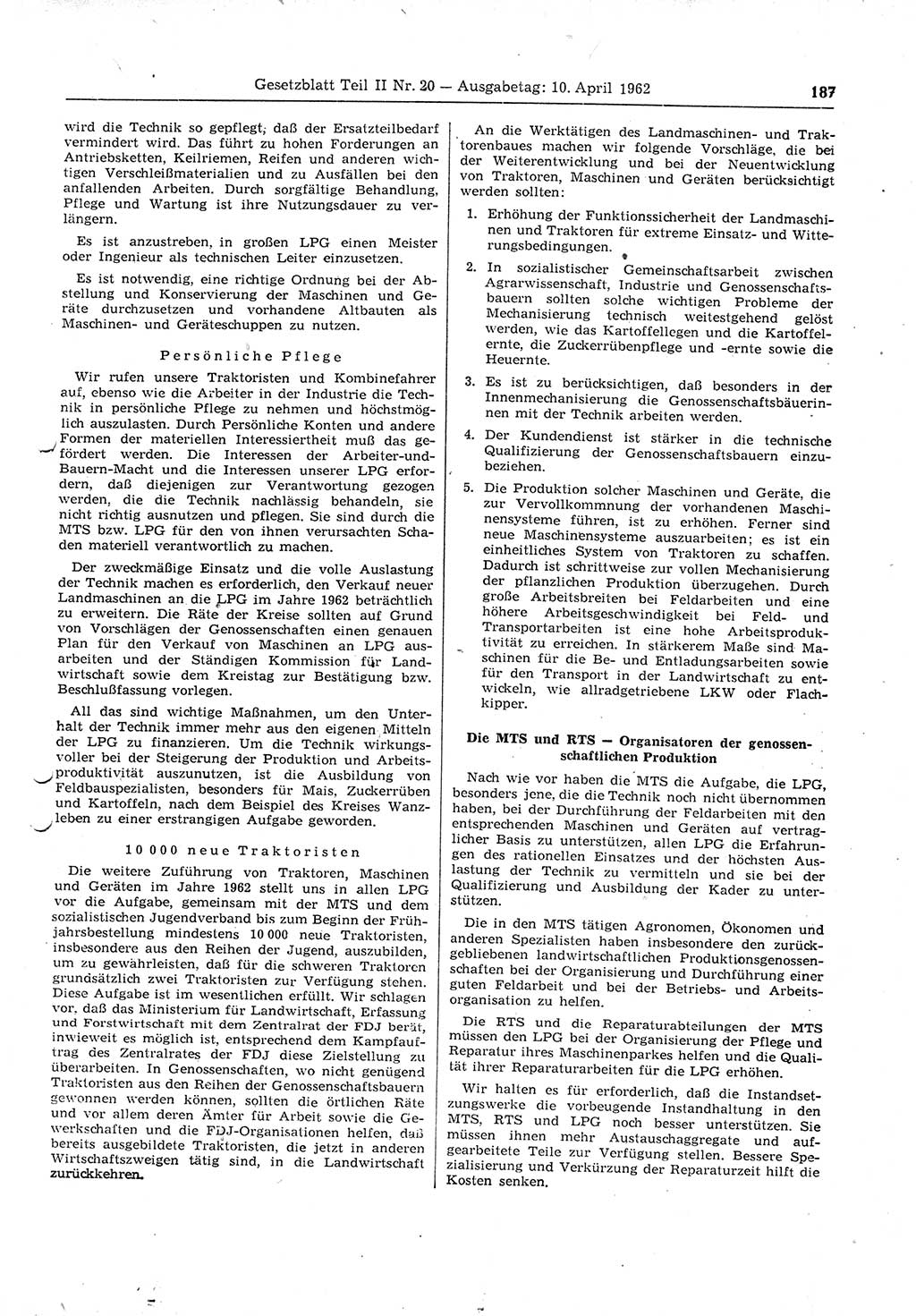 Gesetzblatt (GBl.) der Deutschen Demokratischen Republik (DDR) Teil ⅠⅠ 1962, Seite 187 (GBl. DDR ⅠⅠ 1962, S. 187)