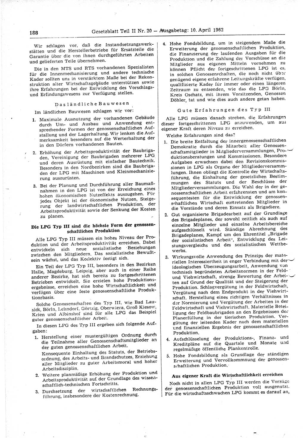 Gesetzblatt (GBl.) der Deutschen Demokratischen Republik (DDR) Teil ⅠⅠ 1962, Seite 188 (GBl. DDR ⅠⅠ 1962, S. 188)