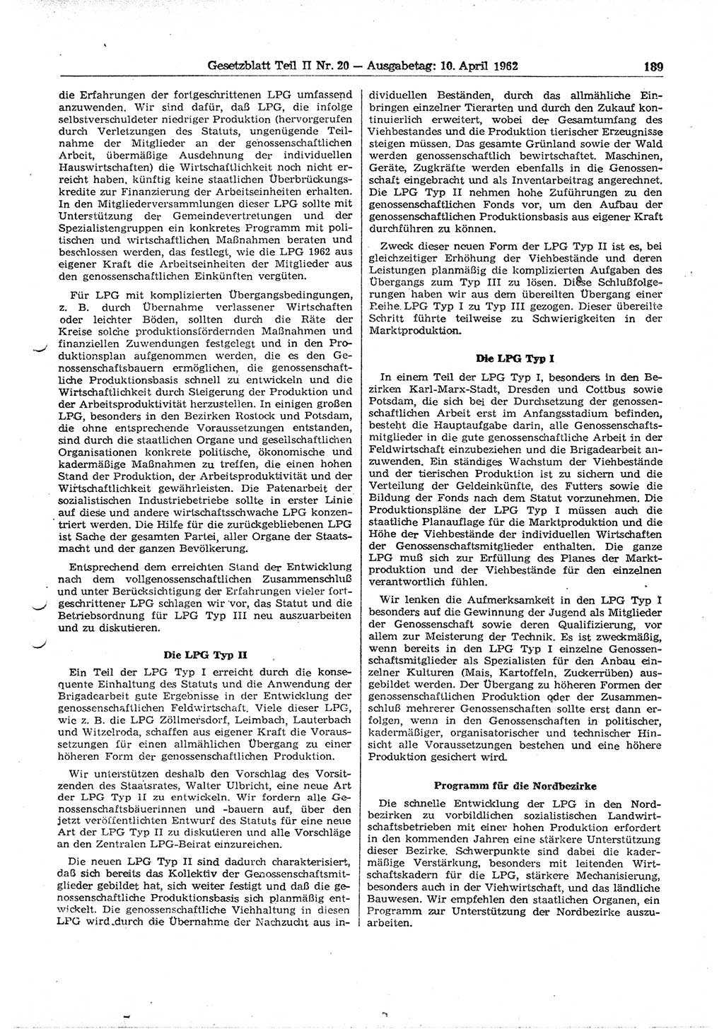 Gesetzblatt (GBl.) der Deutschen Demokratischen Republik (DDR) Teil ⅠⅠ 1962, Seite 189 (GBl. DDR ⅠⅠ 1962, S. 189)