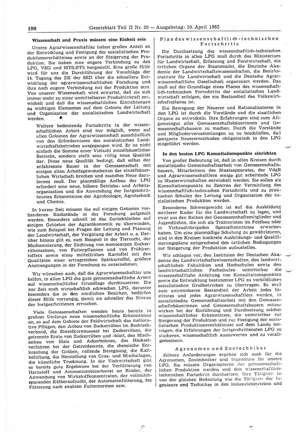 Gesetzblatt (GBl.) der Deutschen Demokratischen Republik (DDR) Teil ⅠⅠ 1962, Seite 190 (GBl. DDR ⅠⅠ 1962, S. 190)