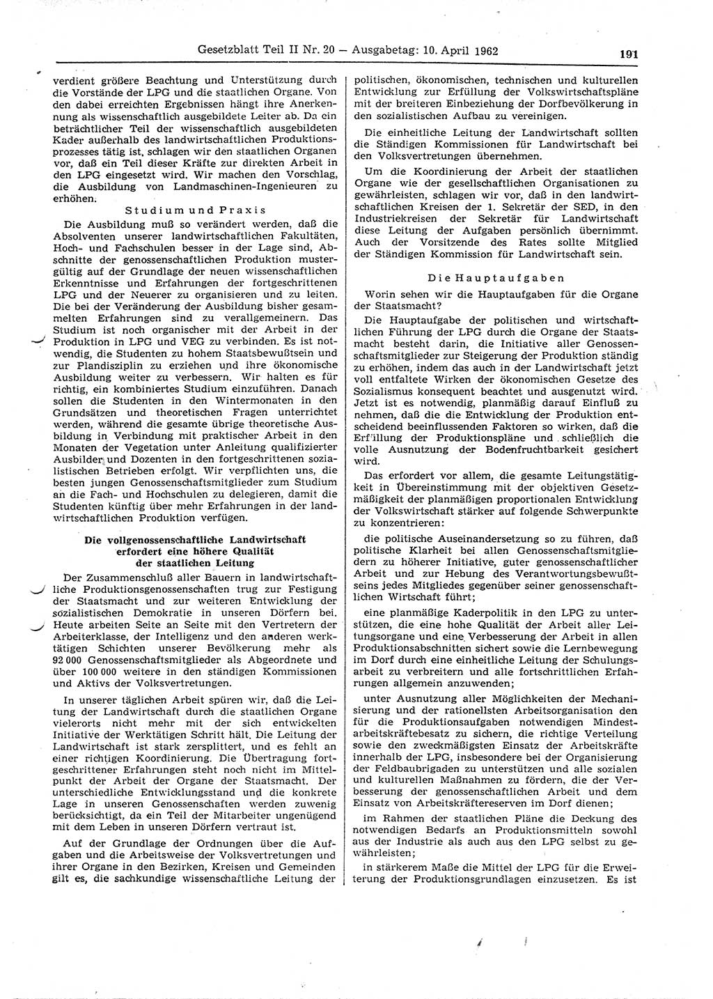 Gesetzblatt (GBl.) der Deutschen Demokratischen Republik (DDR) Teil ⅠⅠ 1962, Seite 191 (GBl. DDR ⅠⅠ 1962, S. 191)