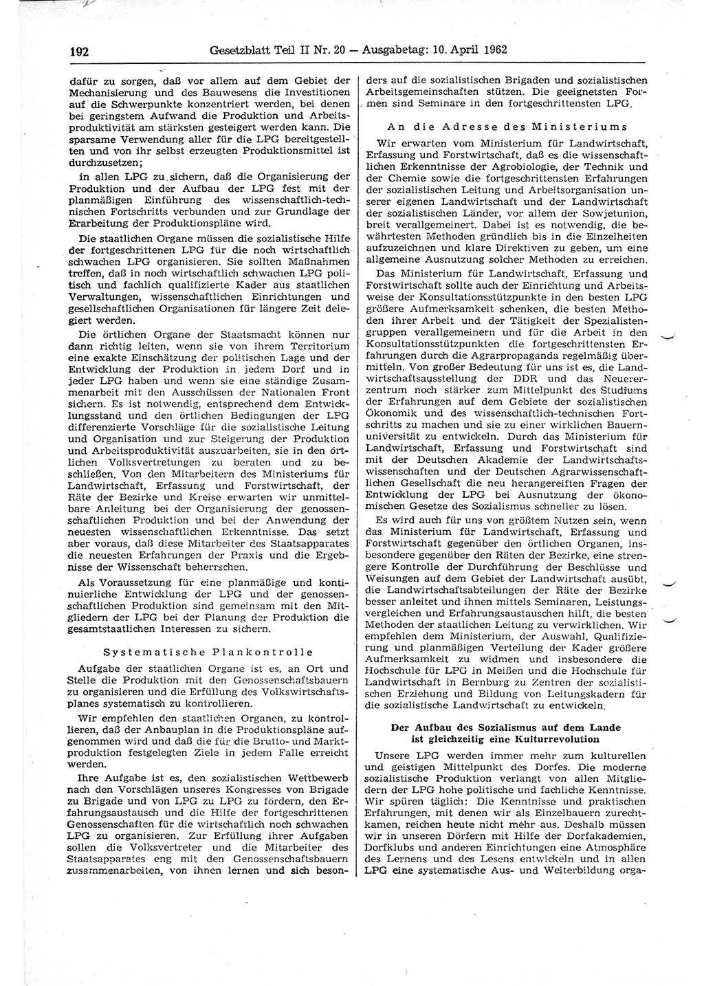 Gesetzblatt (GBl.) der Deutschen Demokratischen Republik (DDR) Teil ⅠⅠ 1962, Seite 192 (GBl. DDR ⅠⅠ 1962, S. 192)