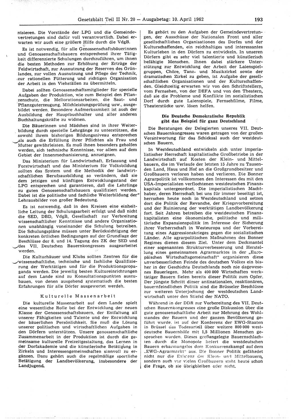 Gesetzblatt (GBl.) der Deutschen Demokratischen Republik (DDR) Teil ⅠⅠ 1962, Seite 193 (GBl. DDR ⅠⅠ 1962, S. 193)