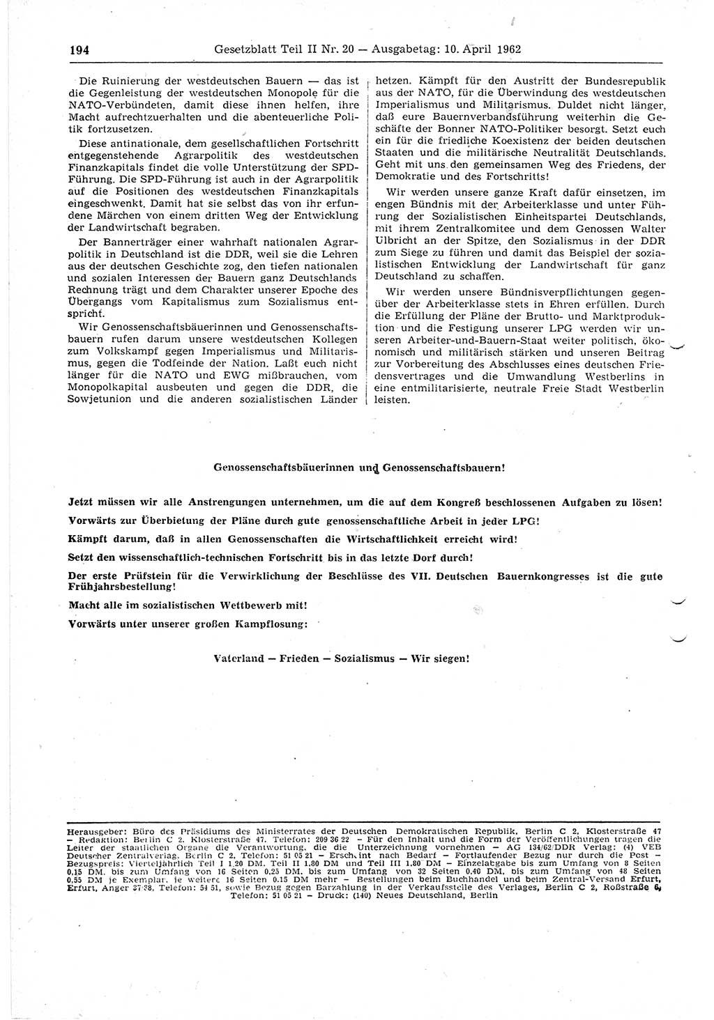 Gesetzblatt (GBl.) der Deutschen Demokratischen Republik (DDR) Teil ⅠⅠ 1962, Seite 194 (GBl. DDR ⅠⅠ 1962, S. 194)