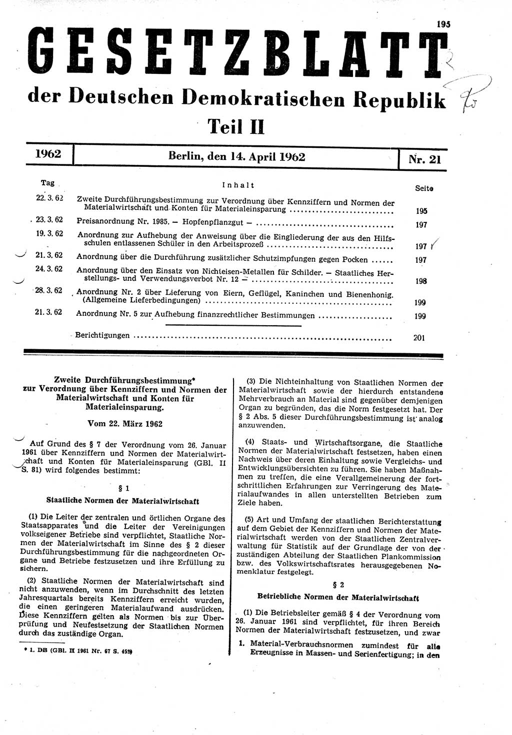 Gesetzblatt (GBl.) der Deutschen Demokratischen Republik (DDR) Teil ⅠⅠ 1962, Seite 195 (GBl. DDR ⅠⅠ 1962, S. 195)