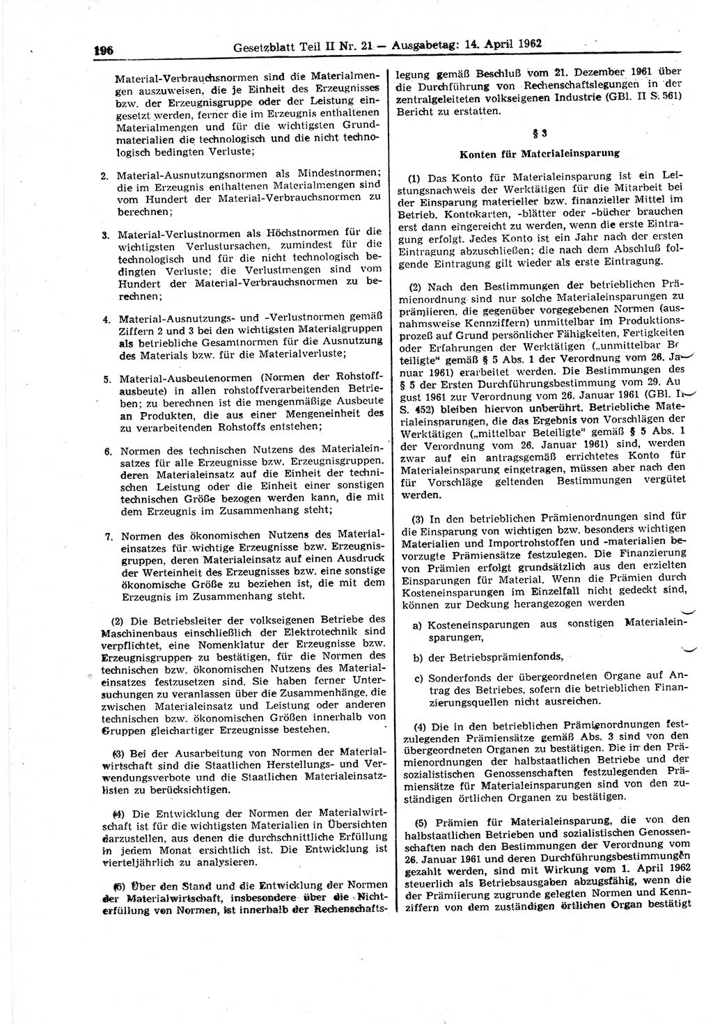 Gesetzblatt (GBl.) der Deutschen Demokratischen Republik (DDR) Teil ⅠⅠ 1962, Seite 196 (GBl. DDR ⅠⅠ 1962, S. 196)