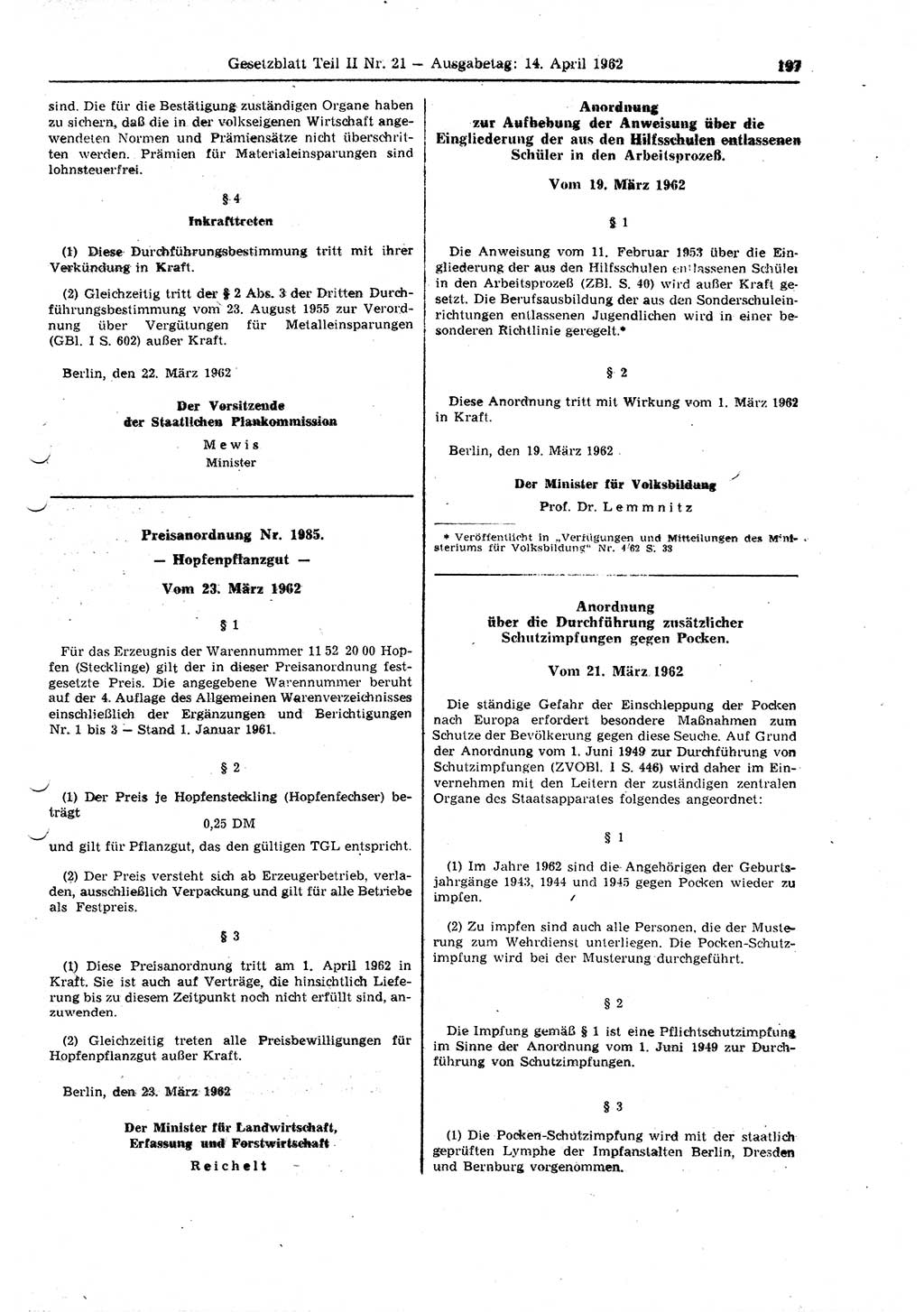 Gesetzblatt (GBl.) der Deutschen Demokratischen Republik (DDR) Teil ⅠⅠ 1962, Seite 197 (GBl. DDR ⅠⅠ 1962, S. 197)