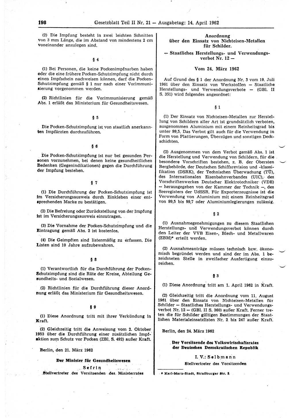 Gesetzblatt (GBl.) der Deutschen Demokratischen Republik (DDR) Teil ⅠⅠ 1962, Seite 198 (GBl. DDR ⅠⅠ 1962, S. 198)