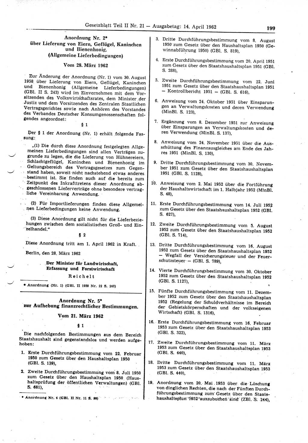 Gesetzblatt (GBl.) der Deutschen Demokratischen Republik (DDR) Teil ⅠⅠ 1962, Seite 199 (GBl. DDR ⅠⅠ 1962, S. 199)