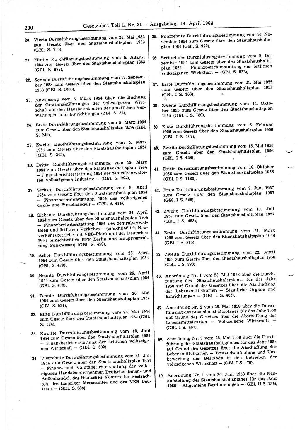 Gesetzblatt (GBl.) der Deutschen Demokratischen Republik (DDR) Teil ⅠⅠ 1962, Seite 200 (GBl. DDR ⅠⅠ 1962, S. 200)