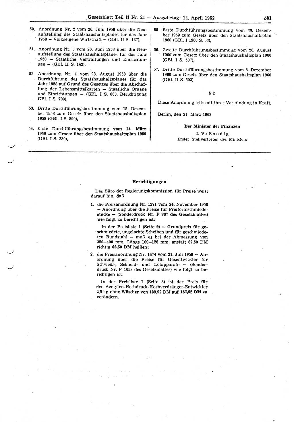 Gesetzblatt (GBl.) der Deutschen Demokratischen Republik (DDR) Teil ⅠⅠ 1962, Seite 201 (GBl. DDR ⅠⅠ 1962, S. 201)