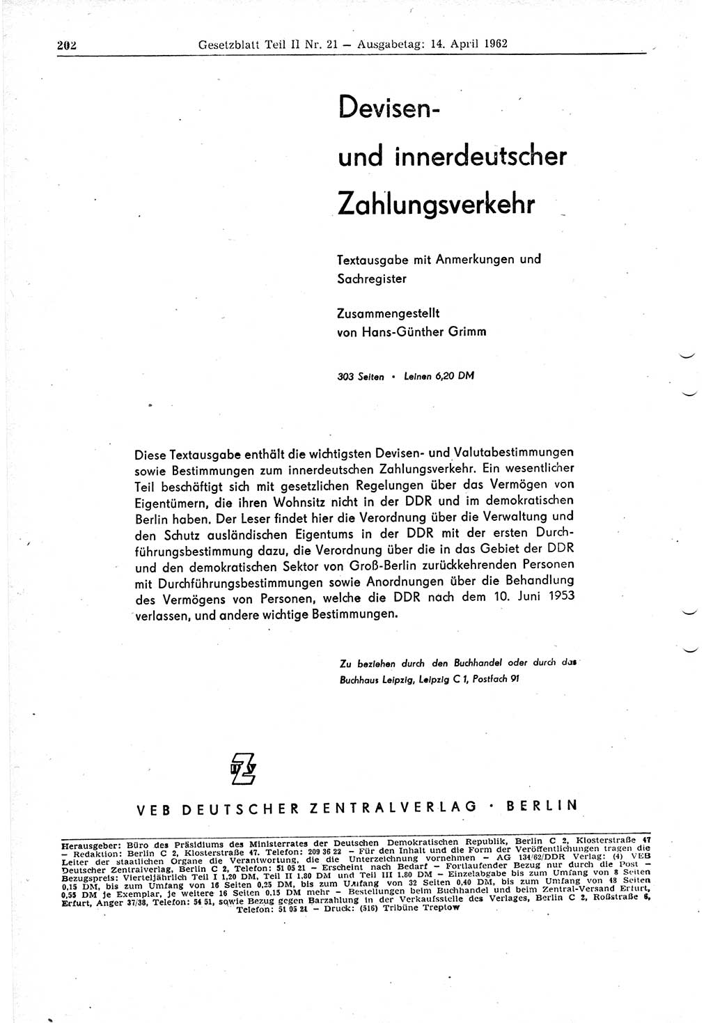 Gesetzblatt (GBl.) der Deutschen Demokratischen Republik (DDR) Teil ⅠⅠ 1962, Seite 202 (GBl. DDR ⅠⅠ 1962, S. 202)