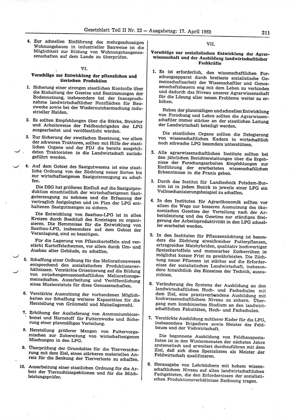 Gesetzblatt (GBl.) der Deutschen Demokratischen Republik (DDR) Teil ⅠⅠ 1962, Seite 211 (GBl. DDR ⅠⅠ 1962, S. 211)