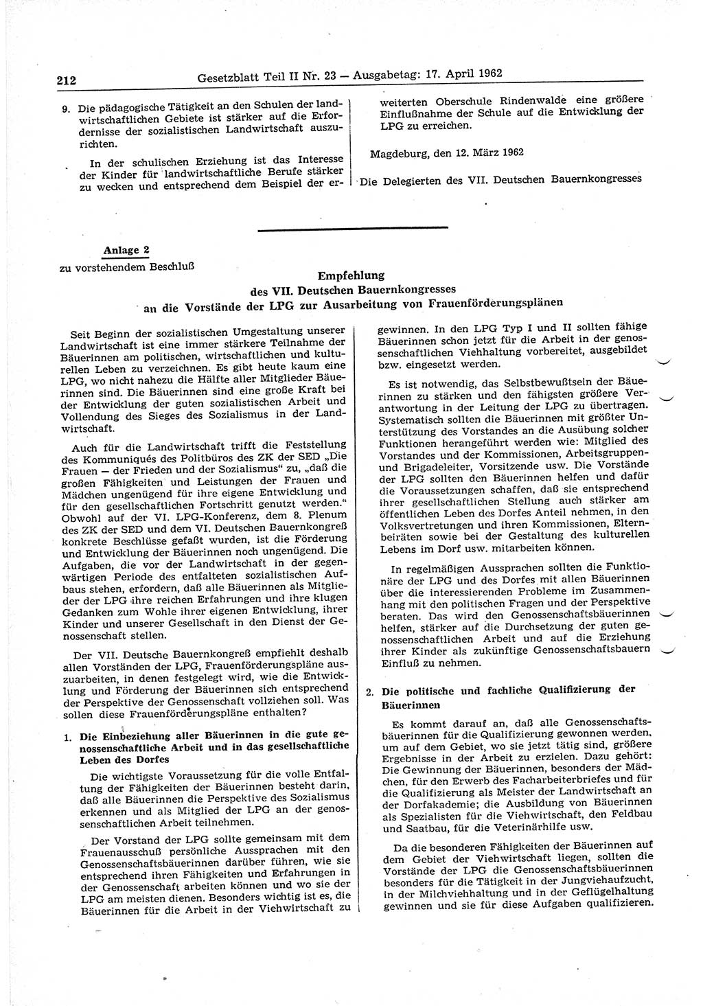 Gesetzblatt (GBl.) der Deutschen Demokratischen Republik (DDR) Teil ⅠⅠ 1962, Seite 212 (GBl. DDR ⅠⅠ 1962, S. 212)