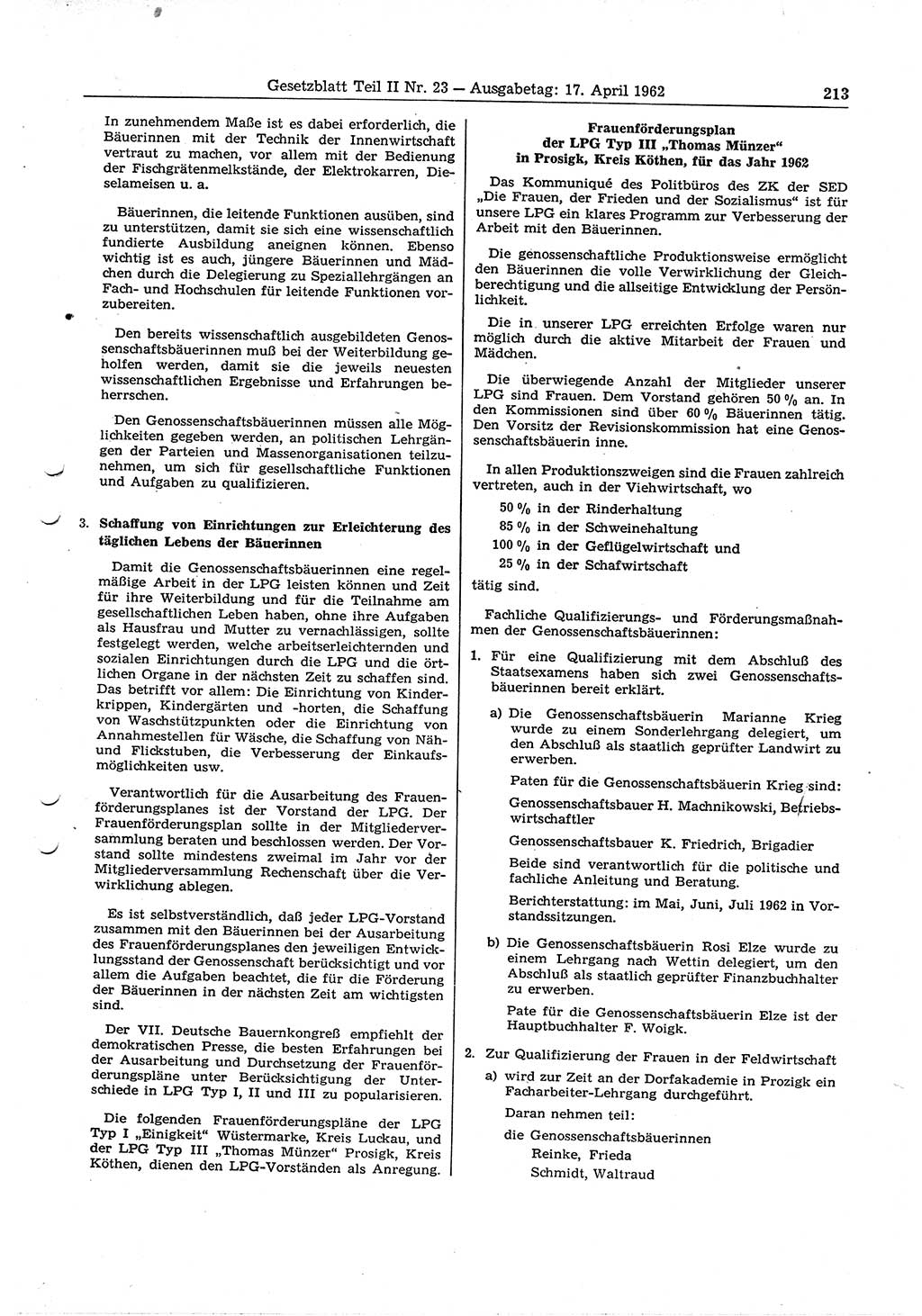 Gesetzblatt (GBl.) der Deutschen Demokratischen Republik (DDR) Teil ⅠⅠ 1962, Seite 213 (GBl. DDR ⅠⅠ 1962, S. 213)