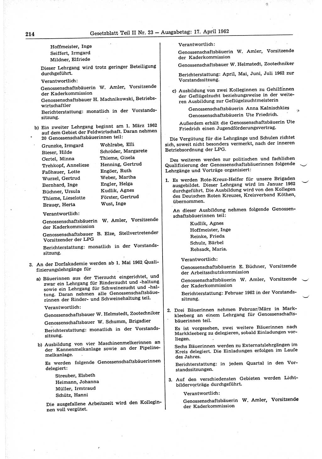 Gesetzblatt (GBl.) der Deutschen Demokratischen Republik (DDR) Teil ⅠⅠ 1962, Seite 214 (GBl. DDR ⅠⅠ 1962, S. 214)