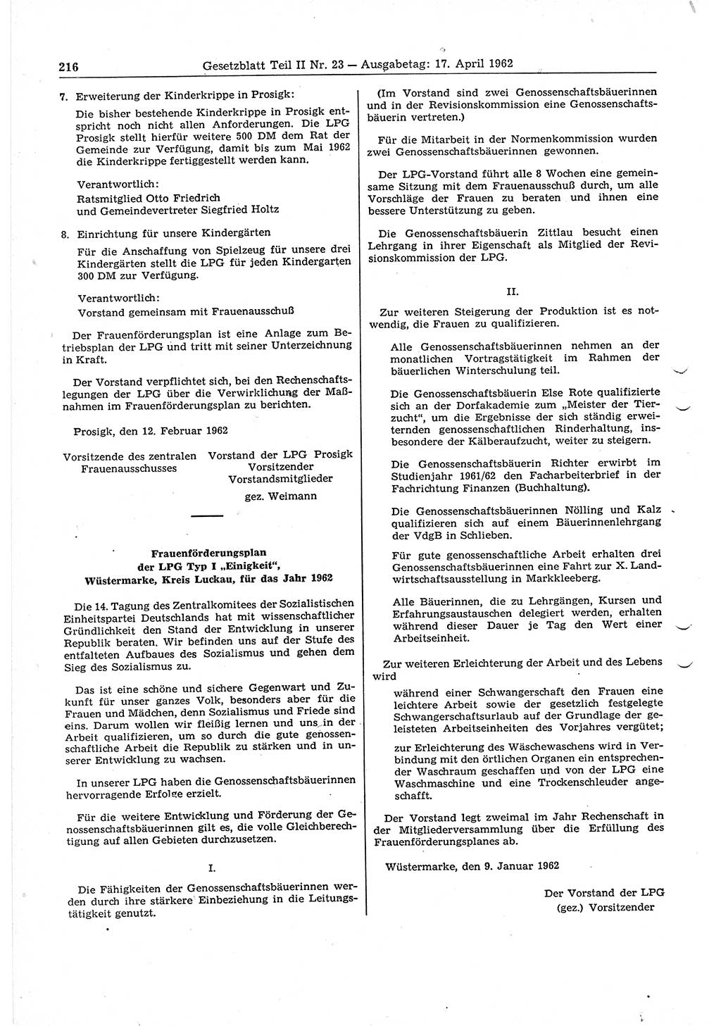 Gesetzblatt (GBl.) der Deutschen Demokratischen Republik (DDR) Teil â… â… 1962, Seite 216 (GBl. DDR â… â… 1962, S. 216)